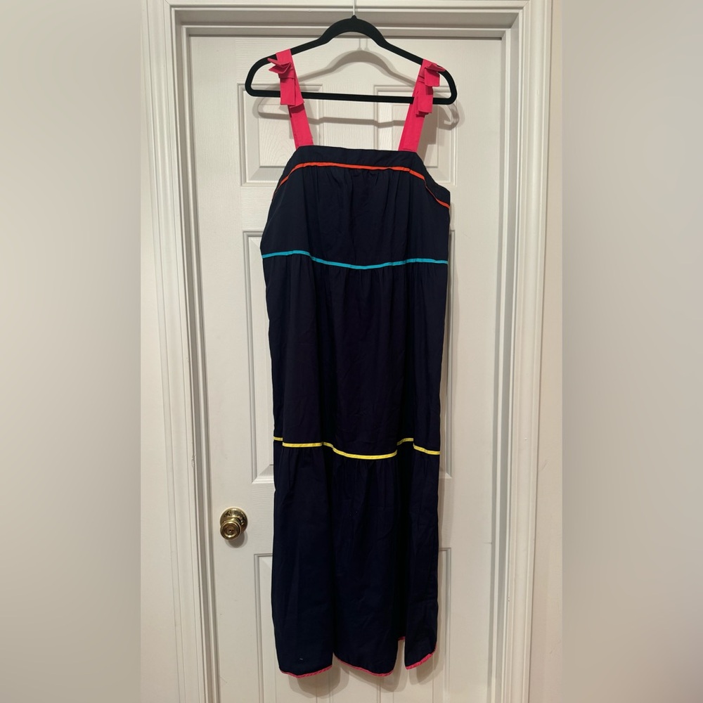 C. Wonder Bow Strap Tiered Maxi Dress  / navy blue pink yellow Size L